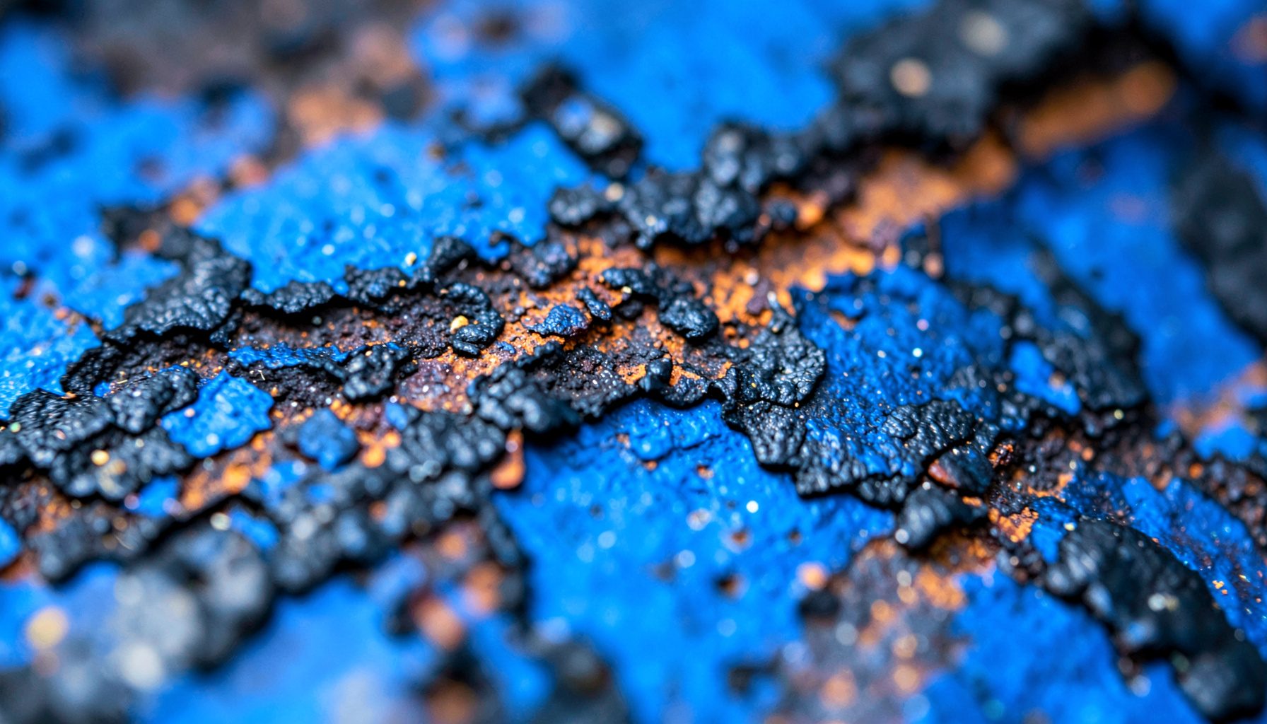 Extreme close-up of charred metal surface with flaking black oxidation and orange rust streaks
