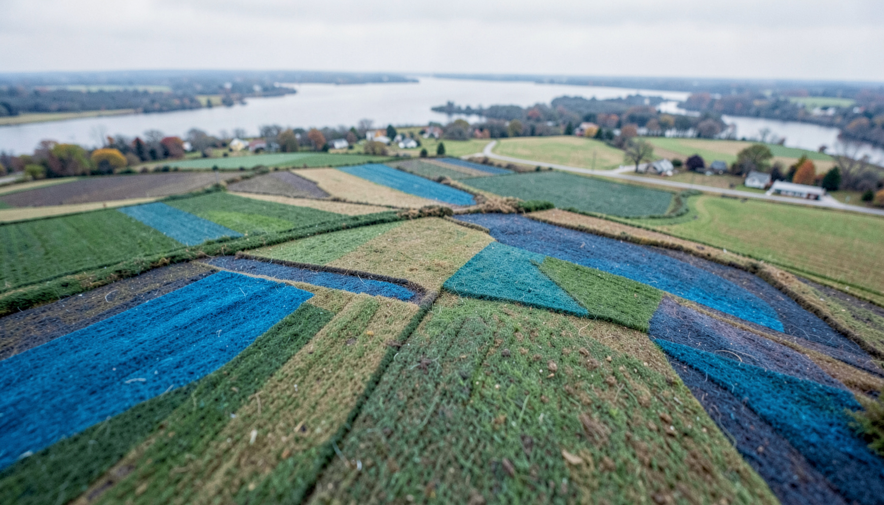Aerial view of patchwork farmland and rural landscape under a soft overcast sky, muted greens and browns stretching toward the Ohio River