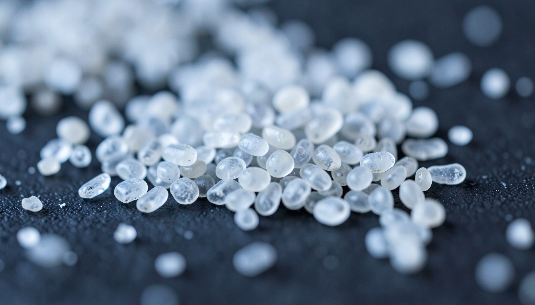 Extreme close-up of scattered translucent plastic pellets in muted whites and pale grays, resting on a dark matte surface with soft side light revealing subtle texture and irregular edges.