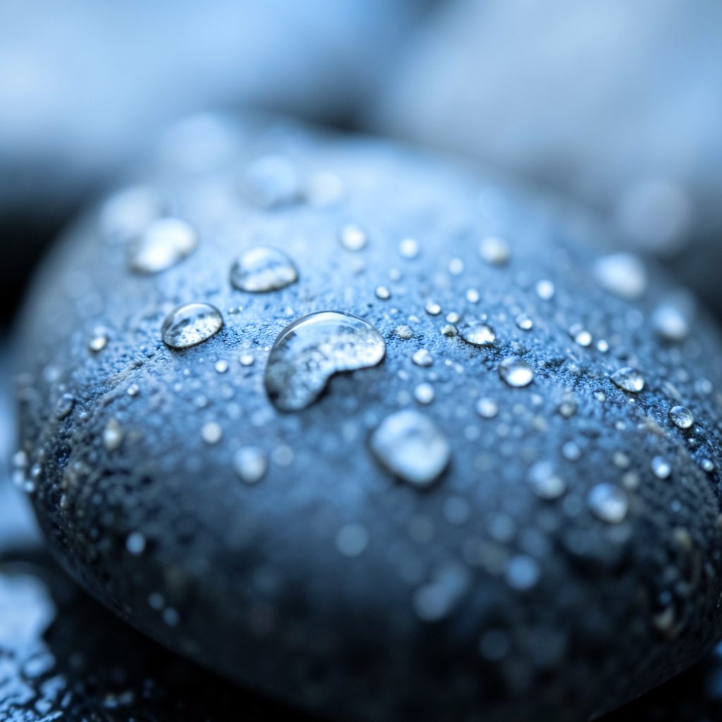 Close-up of smooth river stone with water droplets, cool gray and blue tones, polished surface reflecting soft light