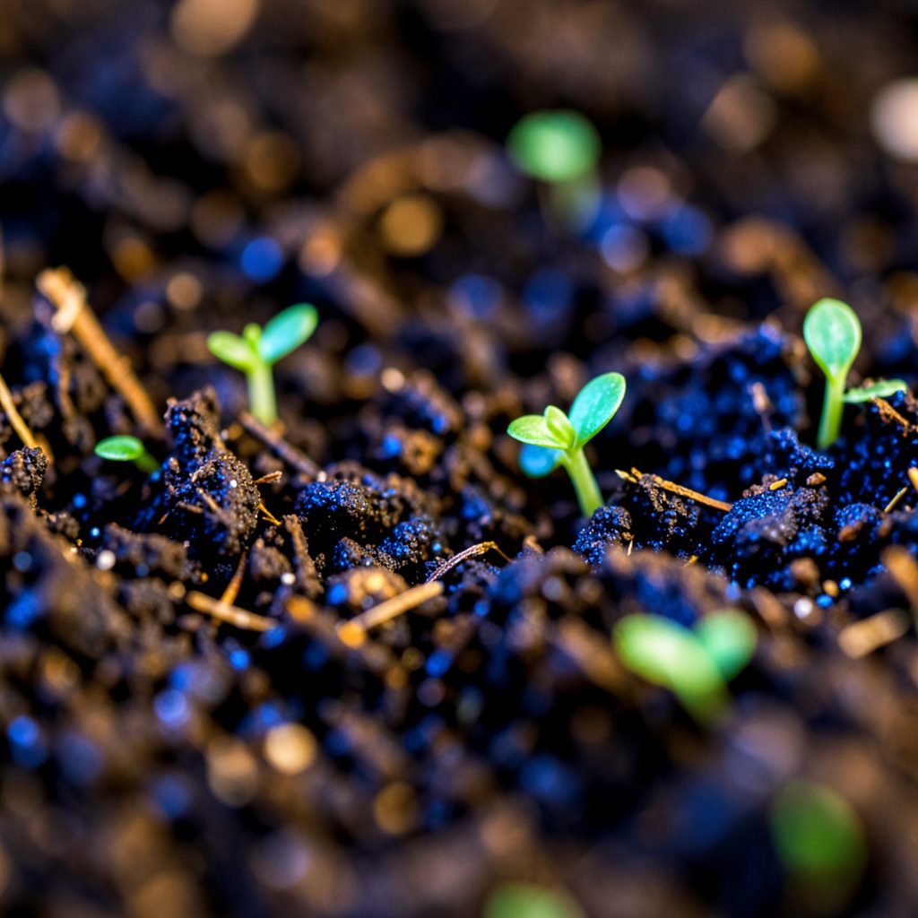 Close-up of rich dark soil with small green sprouts emerging, warm earthy brown tones